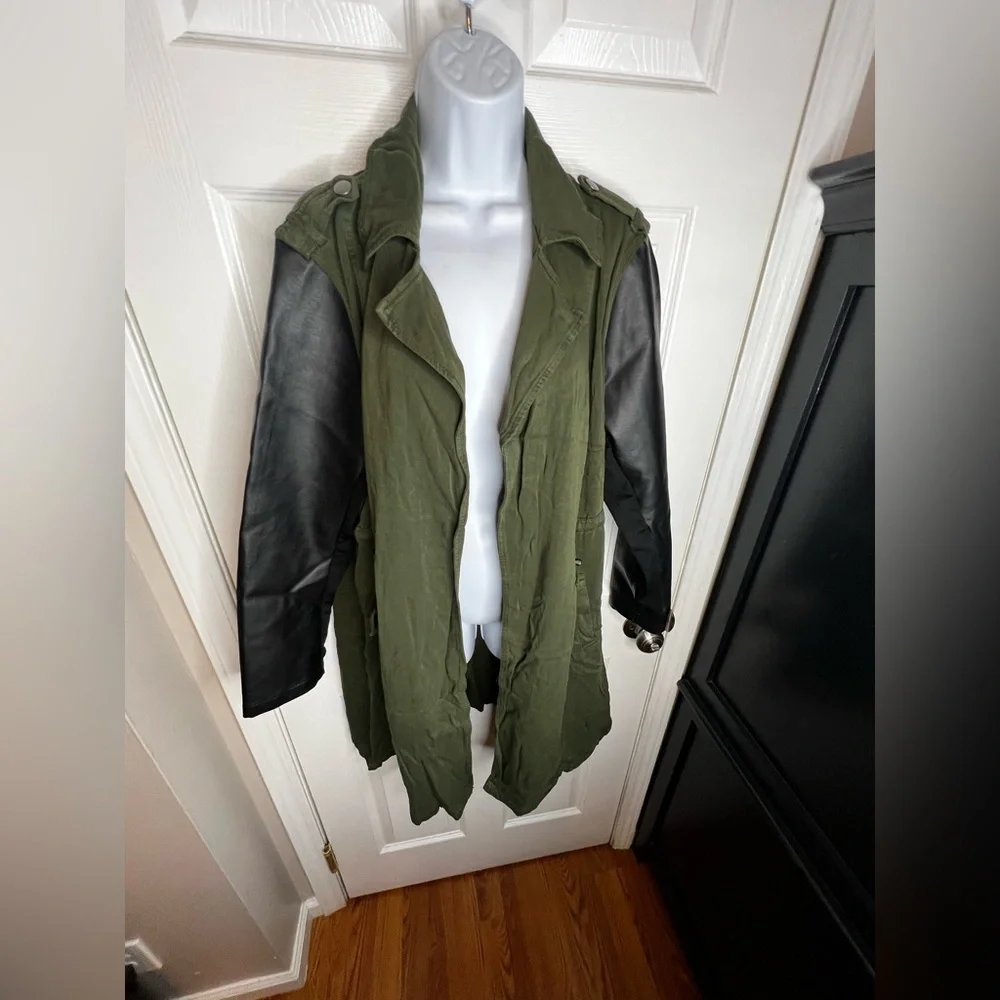 Torrid 0 Twill Canvas Drawstring Jacket Green Olive Faux Leather Sleeve L 12 - Picture 10 of 15